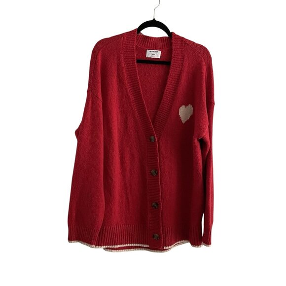 Old Navy Women M TALL Red Heart Graphic Knit V-Neck Slouchy Cardigan Sweater - Picture 3 of 12
